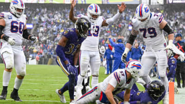 Oct 2, 2022; Baltimore, Maryland, USA; Buffalo Bills quarterback Josh Allen (17) reacts after scoring a third quarter touchdown against the Baltimore Ravens at M&T Bank Stadium. Mandatory Credit: Tommy Gilligan-USA TODAY Sports
