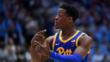 CHAPEL HILL, NORTH CAROLINA - JANUARY 08: Xavier Johnson #1 of the Pittsburgh Panthers directs his teammates during the second half of their game against the North Carolina Tar Heels at Dean Smith Center on January 08, 2020 in Chapel Hill, North Carolina. Pitt won 73-65. (Photo by Grant Halverson/Getty Images)