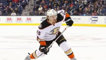 Feb 11, 2016; Columbus, OH, USA; Anaheim Ducks defenseman Sami Vatanen (45) against the Columbus Blue Jackets at Nationwide Arena. The Blue Jackets won 4-3 in a shootout. Mandatory Credit: Aaron Doster-USA TODAY Sports