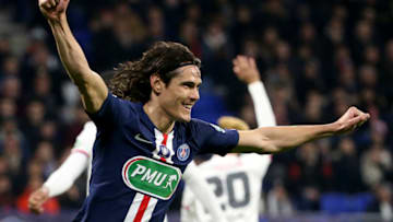 LYON, FRANCE - MARCH 4: Edinson Cavani of PSG celebrates his goal but the goal was cancelled during the French Cup semifinal match between Olympique Lyonnais (OL) and Paris Saint-Germain (PSG) at Groupama Stadium on March 4, 2020 in Decines near Lyon, France. (Photo by Jean Catuffe/Getty Images)