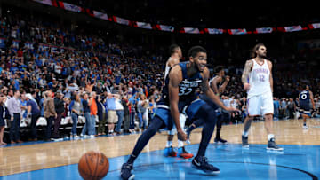 OKLAHOMA CITY, OK - OCTOBER 22: Karl-Anthony Towns #32 of the Minnesota Timberwolves reacts after winning the game against the Oklahoma City Thunder on October 22, 2017 at Chesapeake Energy Arena in Oklahoma City, Oklahoma. NOTE TO USER: User expressly acknowledges and agrees that, by downloading and or using this photograph, User is consenting to the terms and conditions of the Getty Images License Agreement. Mandatory Copyright Notice: Copyright 2017 NBAE (Photo by Layne Murdoch/NBAE via Getty Images)