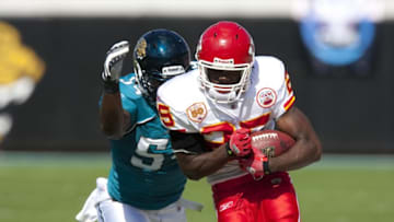 JACKSONVILLE, FL - NOVEMBER 8: Jamaal Charles #25 of the Kansas City Chiefs carries the ball and is chased by Quentin Groves #54 of the Jacksonville Jaguars during a NFL game on November 8, 2009 at Jacksonville Municipal Stadium in Jacksonville, Florida. (Photo by Michael DeHoog/Sports Imagery/Getty Images)