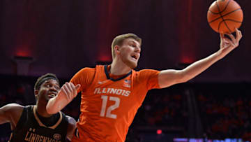 Nov 25, 2022; Champaign, Illinois, USA; Illinois Fighting Illini center Brandon Lieb (12) grabs a rebound from Lindenwood Lions forward Remy Lemovou (42) during the second half at State Farm Center. Mandatory Credit: Ron Johnson-USA TODAY Sports