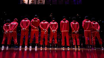 MIAMI, FLORIDA - OCTOBER 04: The Atlanta Hawks line up for the national anthem prior to the preseason game against the Miami Heat at FTX Arena on October 04, 2021 in Miami, Florida. NOTE TO USER: User expressly acknowledges and agrees that, by downloading and/or using this Photograph, user is consenting to the terms and conditions of the Getty Images License Agreement. Mandatory Copyright Notice: Copyright 2021 NBAE (Photo by Mark Brown/Getty Images)