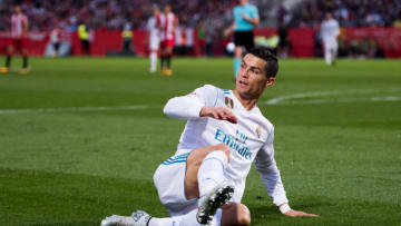 GIRONA, SPAIN - OCTOBER 29: Cristiano Ronaldo of Real Madrid CF reacts during the La Liga match between Girona and Real Madrid at Estadi de Montilivi on October 29, 2017 in Girona, Spain. (Photo by Alex Caparros/Getty Images)