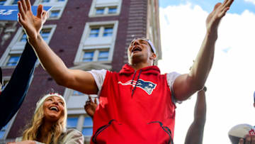 BOSTON, MASSACHUSETTS - FEBRUARY 05: Rob Gronkowski #87 of the New England Patriots reacts during the Super Bowl Victory Parade on February 05, 2019 in Boston, Massachusetts. (Photo by Billie Weiss/Getty Images)