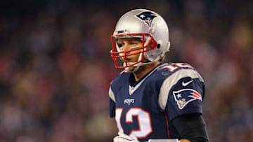 FOXBORO, MA - JANUARY 16: Tom Brady #12 of the New England Patriots looks on in the first half against the Kansas City Chiefs during the AFC Divisional Playoff Game at Gillette Stadium on January 16, 2016 in Foxboro, Massachusetts. (Photo by Maddie Meyer/Getty Images)