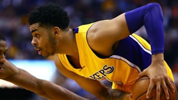 Mar 23, 2016; Phoenix, AZ, USA; Los Angeles Lakers guard D'Angelo Russell (1) against the Phoenix Suns at Talking Stick Resort Arena. The Suns defeated the Lakers 119-107. Mandatory Credit: Mark J. Rebilas-USA TODAY Sports