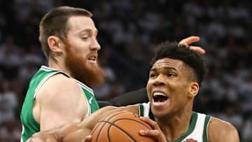 MILWAUKEE, WISCONSIN - APRIL 30: Giannis Antetokounmpo #34 of the Milwaukee Bucks is fouled by Aron Baynes #46 of the Boston Celtics at Fiserv Forum on April 30, 2019 in Milwaukee, Wisconsin. The Bucks defeated the Celtics 123-102. NOTE TO USER: User expressly acknowledges and agrees that, by downloading and or using this photograph, User is consenting to the terms and conditions of the Getty Images License Agreement. (Photo by Jonathan Daniel/Getty Images)
