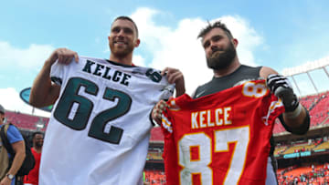 Kansas City Chiefs tight end Travis Kelce swaps jerseys with Philadelphia Eagles center Jason Kelce after the game at Arrowhead Stadium. USA Today.