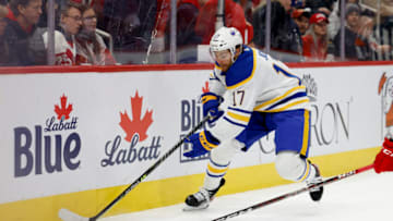 Nov 30, 2022; Detroit, Michigan, USA; Buffalo Sabres center Tyson Jost (17) skates with the puck in the first period against the Detroit Red Wings at Little Caesars Arena. Mandatory Credit: Rick Osentoski-USA TODAY Sports
