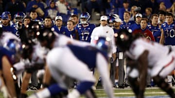 LAWRENCE, KANSAS - OCTOBER 26: Head coach Les Miles of the Kansas Jayhawks watches from the sidelines during the game against the Texas Tech Red Raiders at Memorial Stadium on October 26, 2019 in Lawrence, Kansas. (Photo by Jamie Squire/Getty Images)