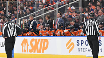 Edmonton Oilers Bench Mandatory Credit: Walter Tychnowicz-USA TODAY Sports