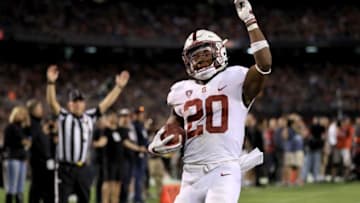 SAN DIEGO, CA - SEPTEMBER 16: Bryce Love #20 of the Stanford Cardinal reacts to scoring a rushing touchdown during the second half of a game against the San Diego State Aztecs at Qualcomm Stadium on September 16, 2017 in San Diego, California. (Photo by Sean M. Haffey/Getty Images)