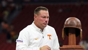 ATLANTA, GA - SEPTEMBER 04: Tennessee Volunteers head coach Butch Jones awaits the trophy presentation after the Chick-fil-A Kickoff Game between the Georgia Tech Yellow Jackets and the Tennessee Volunteers on September 04, 2017. Georgia Tech defeated Tennessee by the score of 42-41 in double overtime at the Mercedez-Benz Stadium in Atlanta, Georgia. (Photo by Michael Wade/Icon Sportswire via Getty Images)