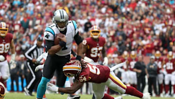 LANDOVER, MD - OCTOBER 14: Quarterback Cam Newton #1 of the Carolina Panthers runs with the ball in the fourth quarter against Mason Foster #54 of the Washington Redskins at FedExField on October 14, 2018 in Landover, Maryland. (Photo by Patrick Smith/Getty Images)