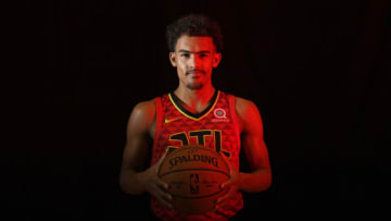 TARRYTOWN, NY - AUGUST 12: Trae Young #11 of the Atlanta Hawks poses for a portrait during the 2018 NBA Rookie Photo Shoot on August 12, 2018 at the Madison Square Garden Training Facility in Tarrytown, New York. NOTE TO USER: User expressly acknowledges and agrees that, by downloading and or using this photograph, User is consenting to the terms and conditions of the Getty Images License Agreement. Mandatory Copyright Notice: Copyright 2018 NBAE (Photo by Brian Babineau/NBAE via Getty Images)