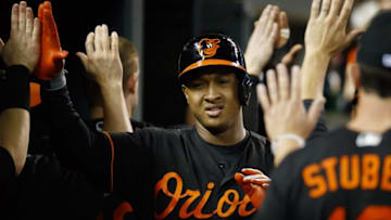 Sep 9, 2016; Detroit, MI, USA; Baltimore Orioles second baseman Jonathan Schoop (6) receives congratulations from teammates after he hits a two run home run in the sixth inning against the Detroit Tigers at Comerica Park. Mandatory Credit: Rick Osentoski-USA TODAY Sports