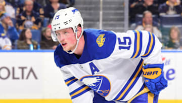 BUFFALO, NY - APRIL 4: Jack Eichel #15 of the Buffalo Sabres prepares for a faceoff during an NHL game against the Ottawa Senators on April 4, 2018 at KeyBank Center in Buffalo, New York. (Photo by Bill Wippert/NHLI via Getty Images) *** Local Caption *** Jack Eichel