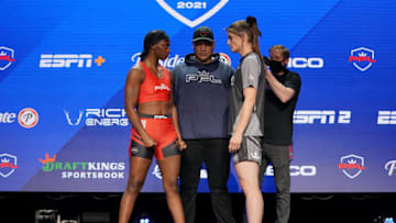 ATLANTIC CITY, NJ - JUNE 09: (L-R) Claressa Shields and Brittney Elkin face off during the PFL 4 weigh-ins at Ocean Casino Resort on June 9, in Atlantic City, New Jersey. (Photo by Cooper Neill)
