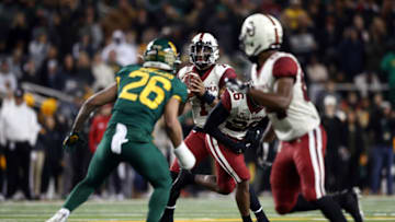 WACO, TEXAS - NOVEMBER 16: Jalen Hurts #1 of the Oklahoma Sooners throws against the Baylor Bears in the second half at McLane Stadium on November 16, 2019 in Waco, Texas. (Photo by Ronald Martinez/Getty Images)