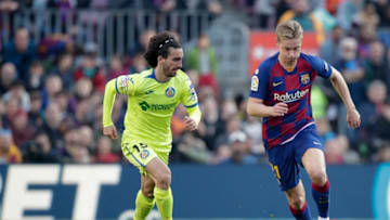 BARCELONA, SPAIN - FEBRUARY 15: (L-R) Marc Cucurella of Getafe, Frenkie de Jong of FC Barcelona during the La Liga Santander match between FC Barcelona v Getafe at the Camp Nou on February 15, 2020 in Barcelona Spain (Photo by David S. Bustamante/Soccrates/Getty Images)