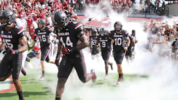 Players for the South Carolina Gamecock rush onto the field. (Photo by Mary Ann Chastain/ Getty Images)