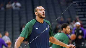 SACRAMENTO, CA - OCTOBER 11: Rudy Gobert #27 of the Utah Jazz warms up prior to the start of an NBA basketball game against the Sacramento Kings at Golden 1 Center on October 11, 2018 in Sacramento, California. NOTE TO USER: User expressly acknowledges and agrees that, by downloading and or using this photograph, User is consenting to the terms and conditions of the Getty Images License Agreement. (Photo by Thearon W. Henderson/Getty Images)