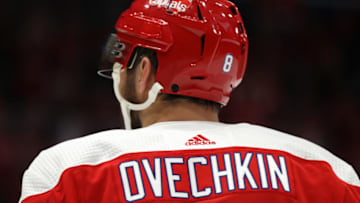 WASHINGTON, DC - FEBRUARY 08: Alex Ovechkin #8 of the Washington Capitals skates against the Philadelphia Flyers at Capital One Arena on February 08, 2020 in Washington, DC. (Photo by Patrick Smith/Getty Images)