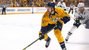 May 9, 2016; Nashville, TN, USA; Nashville Predators center Filip Forsberg (9) against the San Jose Sharks in game six of the second round of the 2016 Stanley Cup Playoffs at Bridgestone Arena. The Predators won 4-3. Mandatory Credit: Aaron Doster-USA TODAY Sports