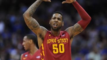Mar 14, 2014; Kansas City, MO, USA; Iowa State Cyclones guard DeAndre Kane (50) celebrates during the second half against the Kansas Jayhawks in the semifinals of the Big 12 Conference college basketball tournament at Sprint Center. Iowa State won 94-83. Mandatory Credit: Denny Medley-USA TODAY Sports