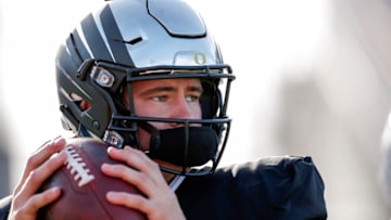 MOBILE, AL - JANUARY 25: Quarterback Justin Herbert #10 from Oregon of the South Team warms up before the start of the 2020 Resse's Senior Bowl at Ladd-Peebles Stadium on January 25, 2020 in Mobile, Alabama. The North Team defeated the South Team 34 to 17. (Photo by Don Juan Moore/Getty Images)