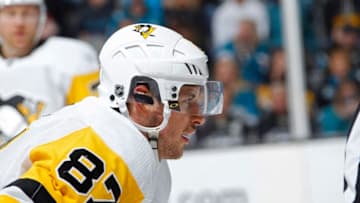 SAN JOSE, CA - JANUARY 20: Sidney Crosby #87 of the Pittsburgh Penguins looks on during the game against the San Jose Sharks at SAP Center on January 20, 2018 in San Jose, California. (Photo by Rocky W. Widner/NHL/Getty Images)