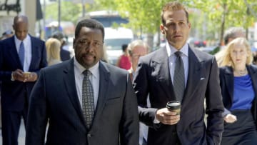 SUITS -- "Managing Partner" Episode 810 -- Pictured: (l-r) Wendell Pierce as Robert Zane, Gabriel Macht as Harvey Specter -- (Photo by: Ben Mark Holzberg/USA Network)