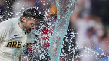 MILWAUKEE, WISCONSIN - APRIL 05: Garrett Mitchell #5 of the Milwaukee Brewers is dunked as he celebrates after hitting a walk-off solo home run against the New York Mets in the ninth inning at American Family Field on April 05, 2023 in Milwaukee, Wisconsin. (Photo by Patrick McDermott/Getty Images)