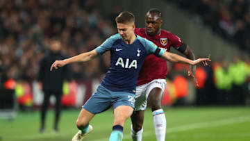 LONDON, ENGLAND - OCTOBER 31: Juan Foyth of Tottenham Hotspur is challenged by Michail Antonio of West Ham United during the Carabao Cup Fourth Round match between West Ham United and Tottenham Hotspur at London Stadium on October 31, 2018 in London, England. (Photo by Catherine Ivill/Getty Images)