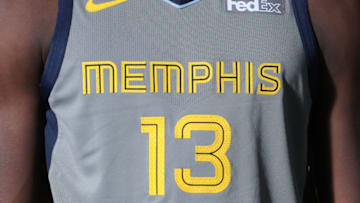 MEMPHIS, TN - OCTOBER 31: A close up shot of Jaren Jackson Jr. #13 of the Memphis Grizzlies in the city edition uniforms during a shoot on October 31, 2018 at FedExForum in Memphis, Tennessee. NOTE TO USER: User expressly acknowledges and agrees that, by downloading and or using this photograph, User is consenting to the terms and conditions of the Getty Images License Agreement. Mandatory Copyright Notice: Copyright 2018 NBAE (Photo by Joe Murphy/NBAE via Getty Images)