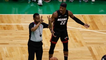 Jimmy Butler #22 of the Miami Heat reacts to a call in the first half against the Boston Celtics (Photo by Winslow Townson/Getty Images)
