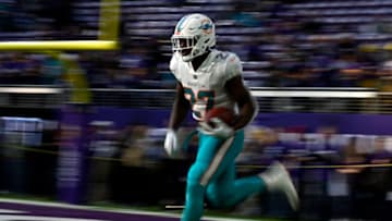 MINNEAPOLIS, MN - DECEMBER 16: Kalen Ballage #27 of the Miami Dolphins warms up before the game against the Minnesota Vikings at U.S. Bank Stadium on December 16, 2018 in Minneapolis, Minnesota. (Photo by Stephen Maturen/Getty Images)