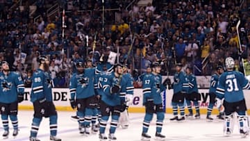 Jun 12, 2016; San Jose, CA, USA; San Jose Sharks players salute their fans after losing to the Pittsburgh Penguins in game six of the 2016 Stanley Cup Final at SAP Center at San Jose. Mandatory Credit: Gary A. Vasquez-USA TODAY Sports