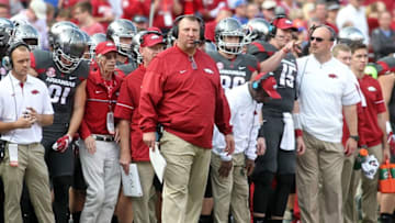 Nov 5, 2016; Fayetteville, AR, USA; Arkansas Razorbacks head coach Bret Bielema during the second quarter against the Florida Gators at Donald W. Reynolds Razorback Stadium. Mandatory Credit: Nelson Chenault-USA TODAY Sports