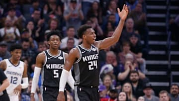 SACRAMENTO, CALIFORNIA - JANUARY 02: Buddy Hield #24 of the Sacramento Kings celebrates and pumps up the crowd after a basket in the first half against the Memphis Grizzlies at Golden 1 Center on January 02, 2020 in Sacramento, California. NOTE TO USER: User expressly acknowledges and agrees that, by downloading and/or using this photograph, user is consenting to the terms and conditions of the Getty Images License Agreement. (Photo by Lachlan Cunningham/Getty Images)