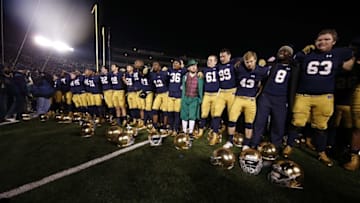 Oct 17, 2015; South Bend, IN, USA; Notre Dame Fighting Irish lines up to sing their school song after the game against the Southern California Trojans at Notre Dame Stadium. Notre Dame defeats Southern California 41-31. Mandatory Credit: Brian Spurlock-USA TODAY Sports