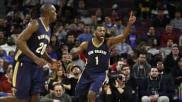 Jan 14, 2015; Auburn Hills, MI, USA; New Orleans Pelicans guard Tyreke Evans (1) reacts after making a basket during the second quarter against the Detroit Pistons at The Palace of Auburn Hills. Mandatory Credit: Raj Mehta-USA TODAY Sports