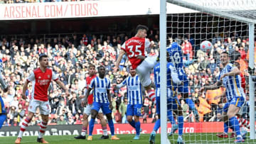 Arsenal's Brazilian striker Gabriel Martinelli (C) scores the equalising goal during the English Premier League football match between Arsenal and Brighton and Hove Albion at the Emirates Stadium in London on April 9, 2022. - - RESTRICTED TO EDITORIAL USE. No use with unauthorized audio, video, data, fixture lists, club/league logos or 'live' services. Online in-match use limited to 120 images. An additional 40 images may be used in extra time. No video emulation. Social media in-match use limited to 120 images. An additional 40 images may be used in extra time. No use in betting publications, games or single club/league/player publications. (Photo by JUSTIN TALLIS / AFP) / RESTRICTED TO EDITORIAL USE. No use with unauthorized audio, video, data, fixture lists, club/league logos or 'live' services. Online in-match use limited to 120 images. An additional 40 images may be used in extra time. No video emulation. Social media in-match use limited to 120 images. An additional 40 images may be used in extra time. No use in betting publications, games or single club/league/player publications. / The erroneous mention[s] appearing in the metadata of this photo by JUSTIN TALLIS has been modified in AFP systems in the following manner: [Arsenal's Brazilian striker Gabriel Martinelli (C) scores the equalising goal, which was then disallowed following a VAR review] instead of [Arsenal's Brazilian striker Gabriel Martinelli (C) scores the equalising goal]. Please immediately remove the erroneous mention[s] from all your online services and delete it (them) from your servers. If you have been authorized by AFP to distribute it (them) to third parties, please ensure that the same actions are carried out by them. Failure to promptly comply with these instructions will entail liability on your part for any continued or post notification usage. Therefore we thank you very much for all your attention and prompt action. We are sorry for the inconvenience this notification may cause a (Photo by JUSTIN TALLIS/AFP via Getty Images)