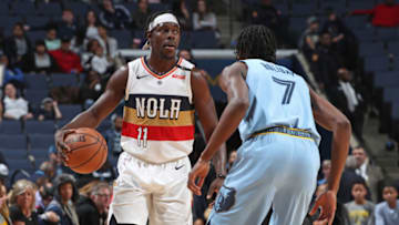 MEMPHIS, TN - JANUARY 21: Jrue Holiday #11 of the New Orleans Pelicans handles the ball against the Memphis Grizzlies on January 21, 2019 at FedExForum in Memphis, Tennessee. NOTE TO USER: User expressly acknowledges and agrees that, by downloading and or using this photograph, User is consenting to the terms and conditions of the Getty Images License Agreement. Mandatory Copyright Notice: Copyright 2019 NBAE (Photo by Joe Murphy/NBAE via Getty Images)
