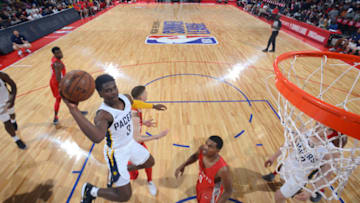LAS VEGAS, NV - JULY 6: Aaron Holiday #3 of the Indiana Pacers goes to the basket against the Houston Rockets during the 2018 Las Vegas Summer League on July 6, 2018 at the Cox Pavilion in Las Vegas, Nevada. NOTE TO USER: User expressly acknowledges and agrees that, by downloading and/or using this photograph, user is consenting to the terms and conditions of the Getty Images License Agreement. Mandatory Copyright Notice: Copyright 2018 NBAE (Photo by David Dow/NBAE via Getty Images)