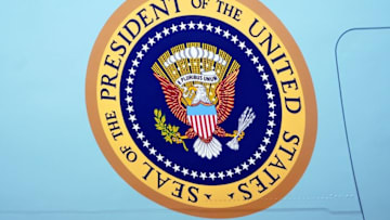 June 16, 2016; Orlando, FL, USA; General view of the presidential seal on Air Force One as President Barack Obama along with Vice President Joe Biden leaves the Orlando International Airport Thursday afternoon to meet with the Families of victims of the mass shooting at Pulse nightclub. Mandatory Credit: Craig Rubadoux/Florida Today via USA TODAY NETWORK