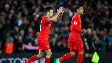 LIVERPOOL, ENGLAND - APRIL 05: Philippe Coutinho of Liverpool celebrates scoring his sides first goal during the Premier League match between Liverpool and AFC Bournemouth at Anfield on April 5, 2017 in Liverpool, England. (Photo by Clive Brunskill/Getty Images)