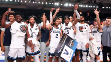 Nov 24, 2023; Paradise Island, BAHAMAS; Villanova Wildcats celebrate after winning the championship against the Memphis Tigers at Imperial Arena. Mandatory Credit: Kevin Jairaj-USA TODAY Sports